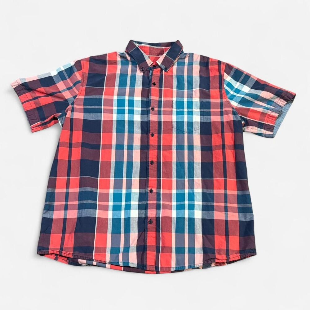 Red & blue/mixed button up short sleeve (width 25in, length 26-1/2in)